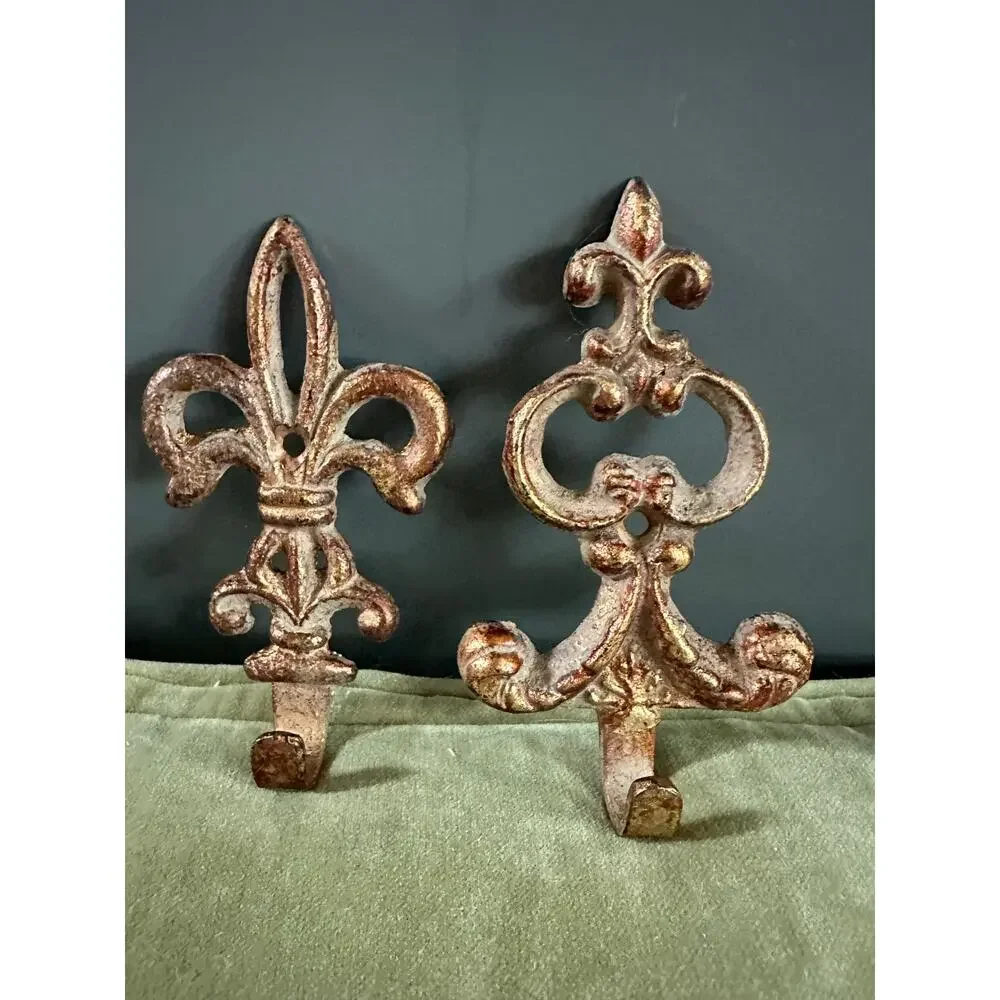 Vintage Wall Hooks, French style Decor gold metal ornate set of 2, 5x3”